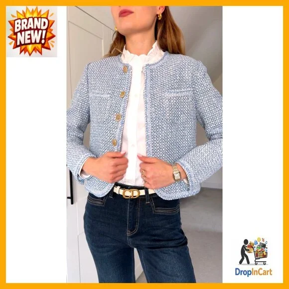 Cropped Tweed Blazer Classic Chic Office Work Business Casual Jacket